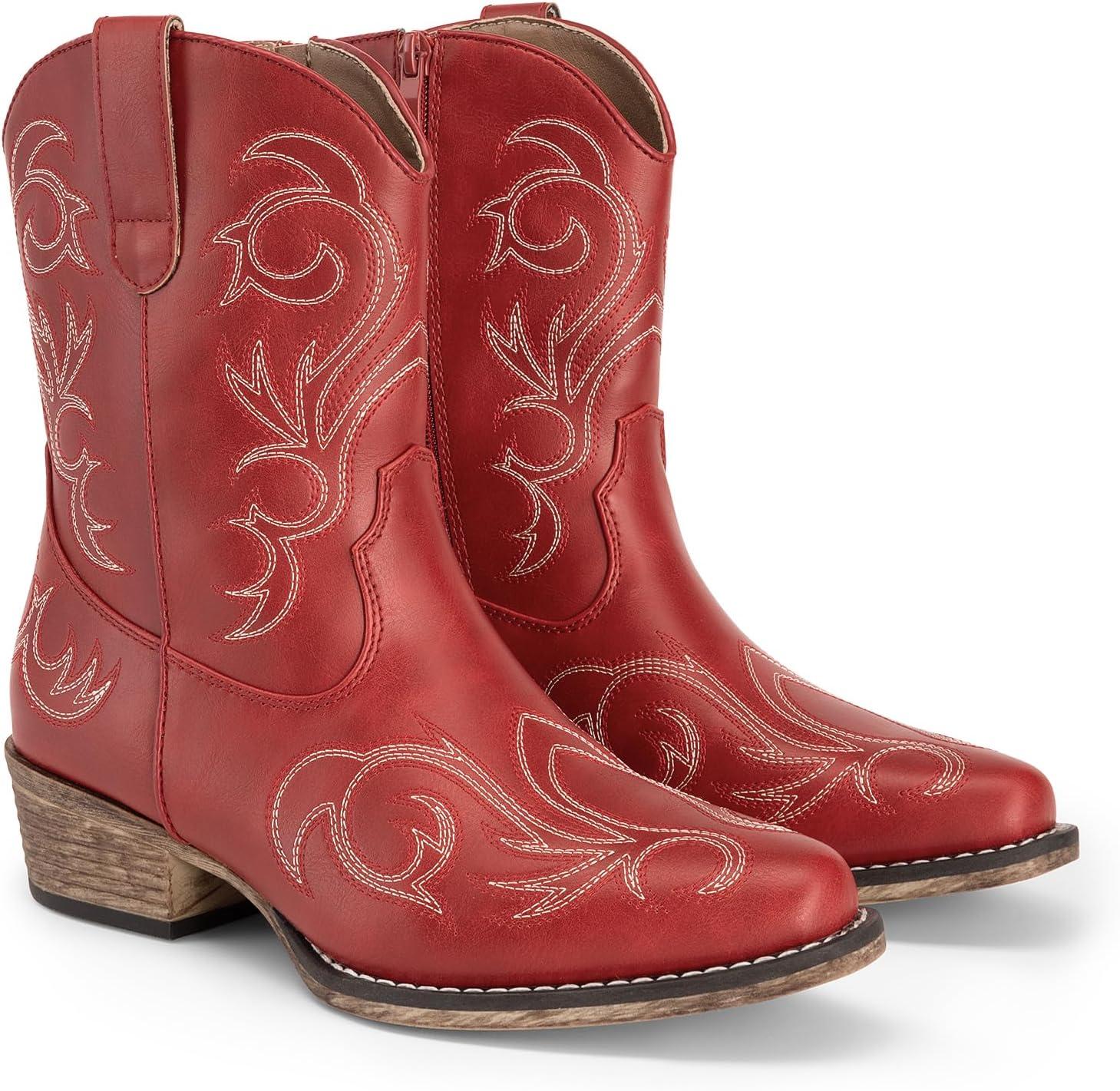 imageDREAM PAIRS Womens Cowboy Cowgirl Western Boots Embroidered Stitched Ankle Boots Square Toe Chunky Heel Fashion Short Booties with ZipperRed