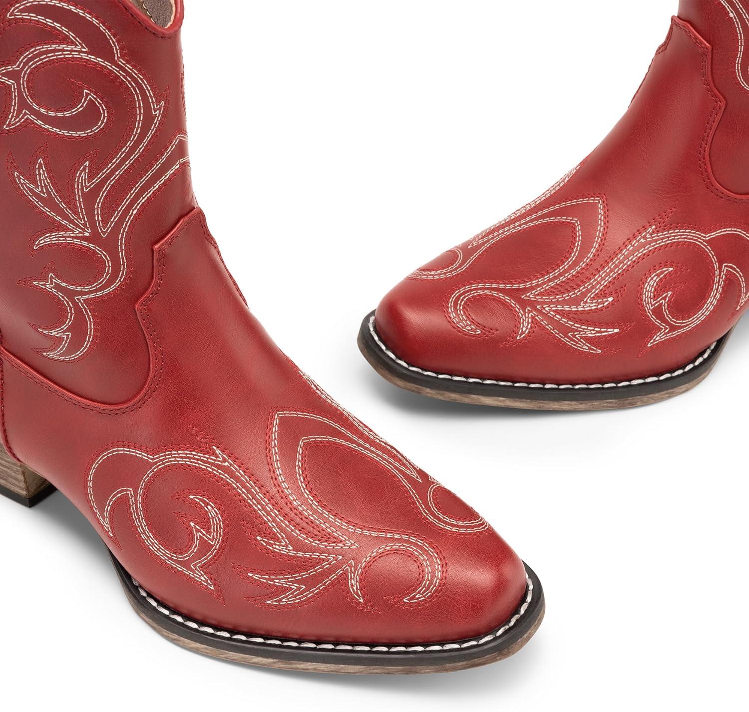 imageDREAM PAIRS Womens Cowboy Cowgirl Western Boots Embroidered Stitched Ankle Boots Square Toe Chunky Heel Fashion Short Booties with ZipperRed