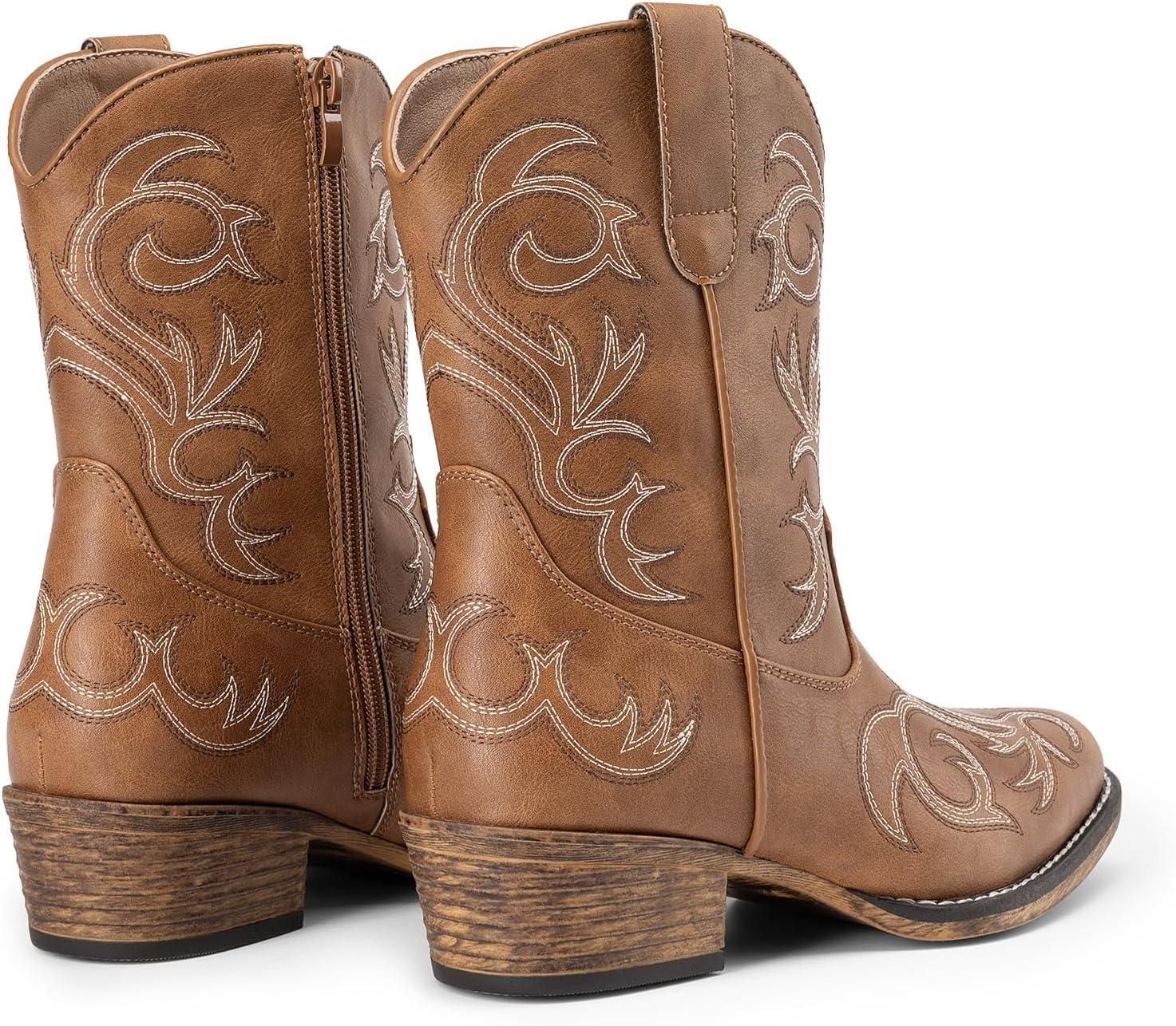 imageDREAM PAIRS Womens Cowboy Cowgirl Western Boots Embroidered Stitched Ankle Boots Square Toe Chunky Heel Fashion Short Booties with ZipperTan