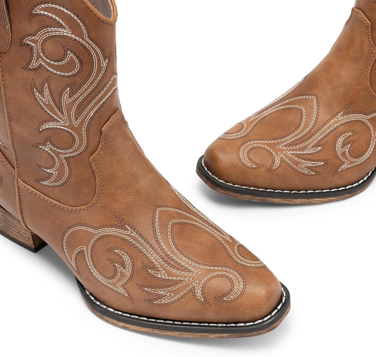 imageDREAM PAIRS Womens Cowboy Cowgirl Western Boots Embroidered Stitched Ankle Boots Square Toe Chunky Heel Fashion Short Booties with ZipperTan