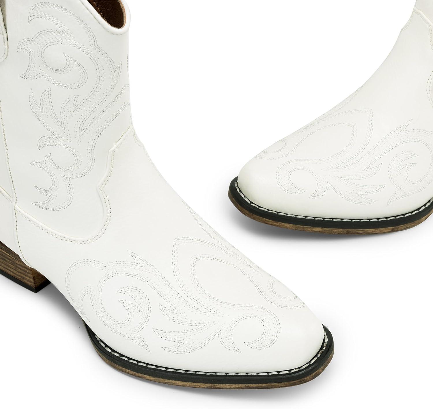 imageDREAM PAIRS Womens Cowboy Cowgirl Western Boots Embroidered Stitched Ankle Boots Square Toe Chunky Heel Fashion Short Booties with ZipperWhite