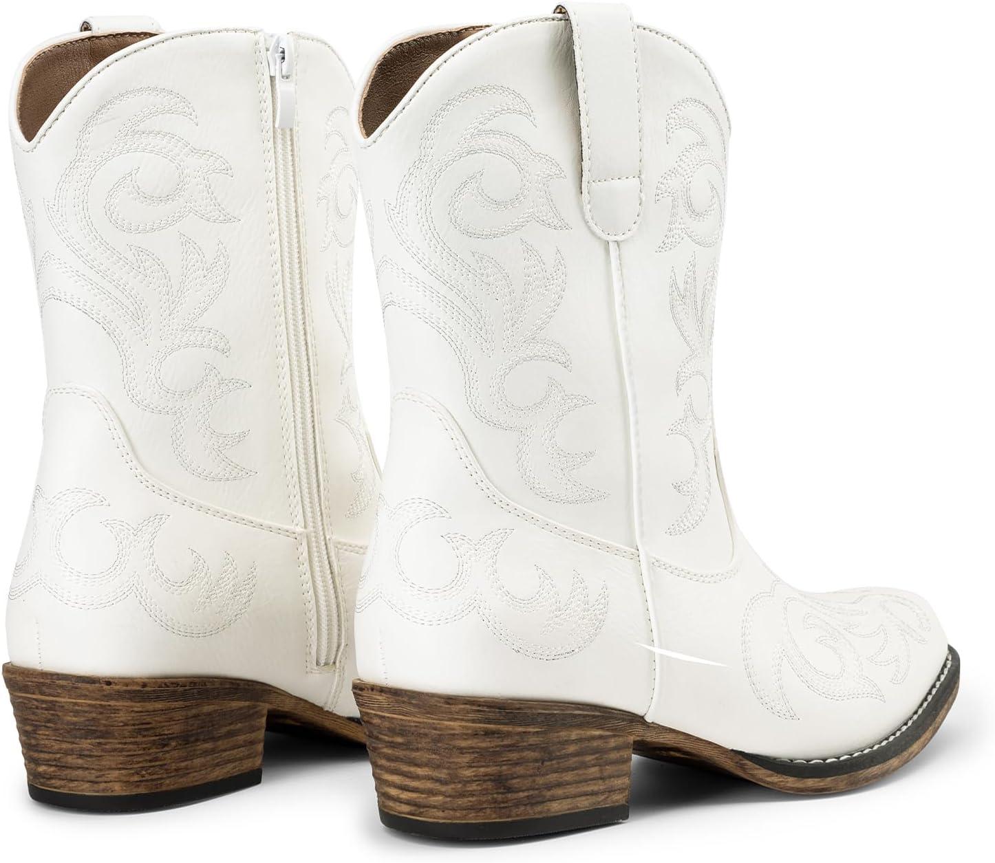 imageDREAM PAIRS Womens Cowboy Cowgirl Western Boots Embroidered Stitched Ankle Boots Square Toe Chunky Heel Fashion Short Booties with ZipperWhite