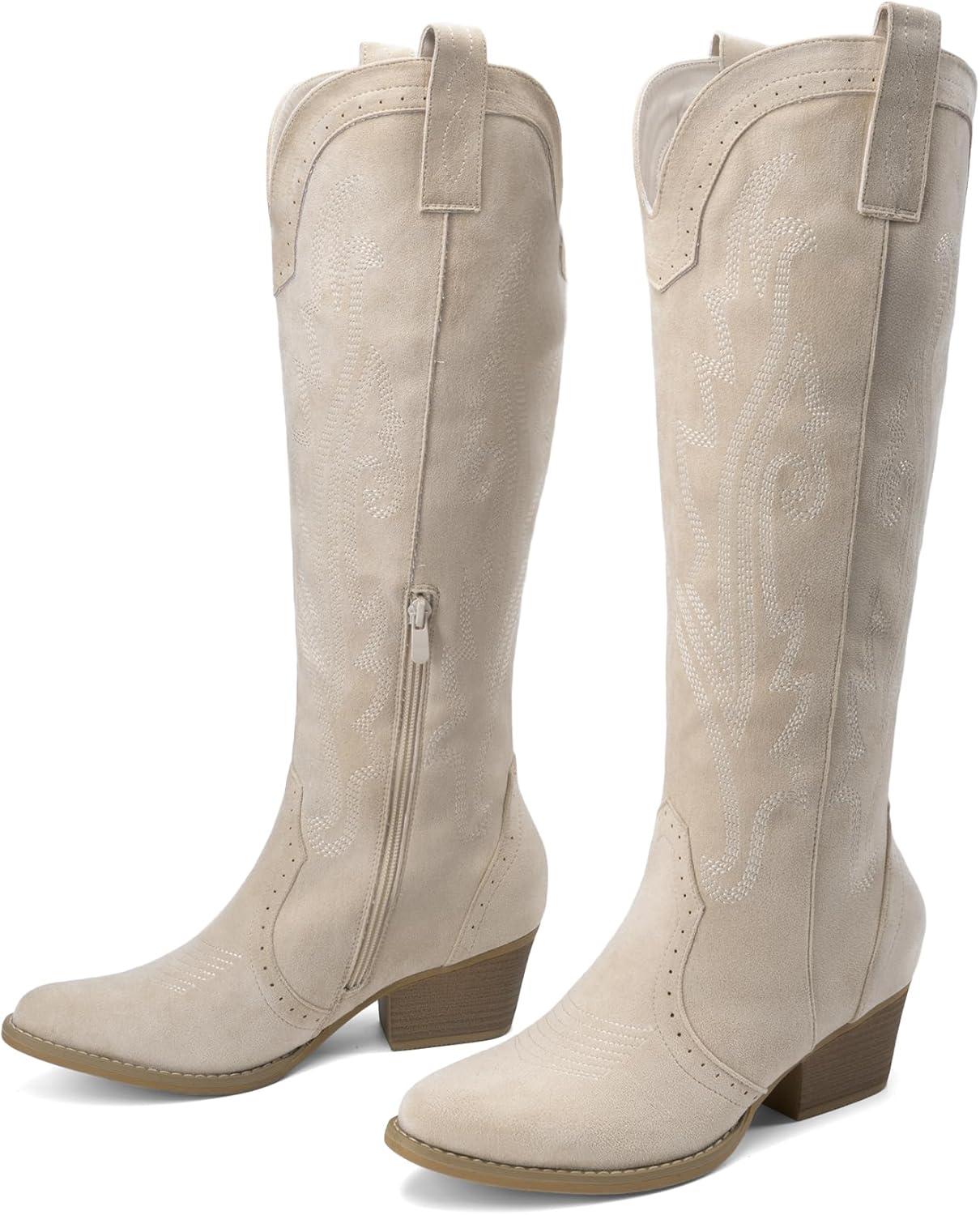 imageDREAM PAIRS Womens Cowboy Knee High Boots Comfortable Pull On Side Zipper Chunky Heel Embroidered Western Cowgirl Boots Retro Tall BootBeige