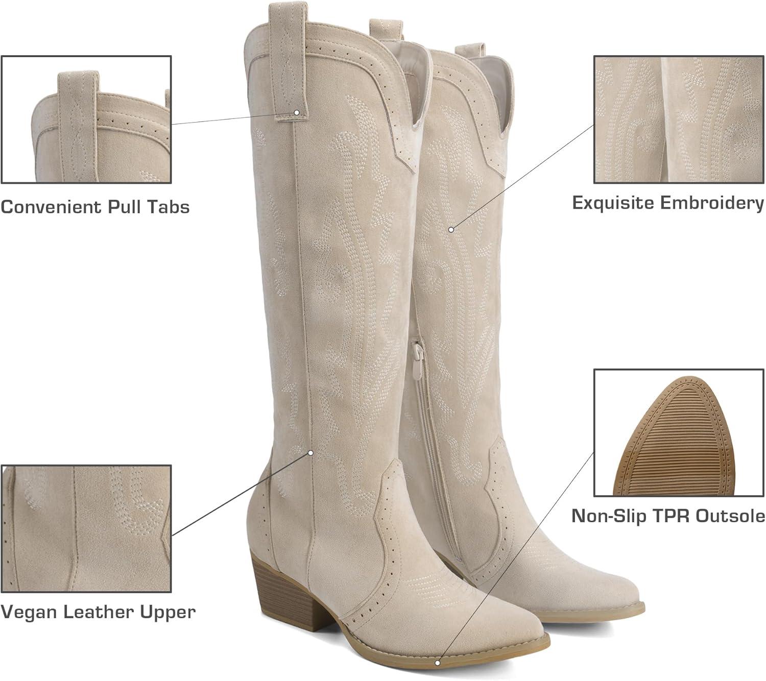 imageDREAM PAIRS Womens Cowboy Knee High Boots Comfortable Pull On Side Zipper Chunky Heel Embroidered Western Cowgirl Boots Retro Tall BootBeige