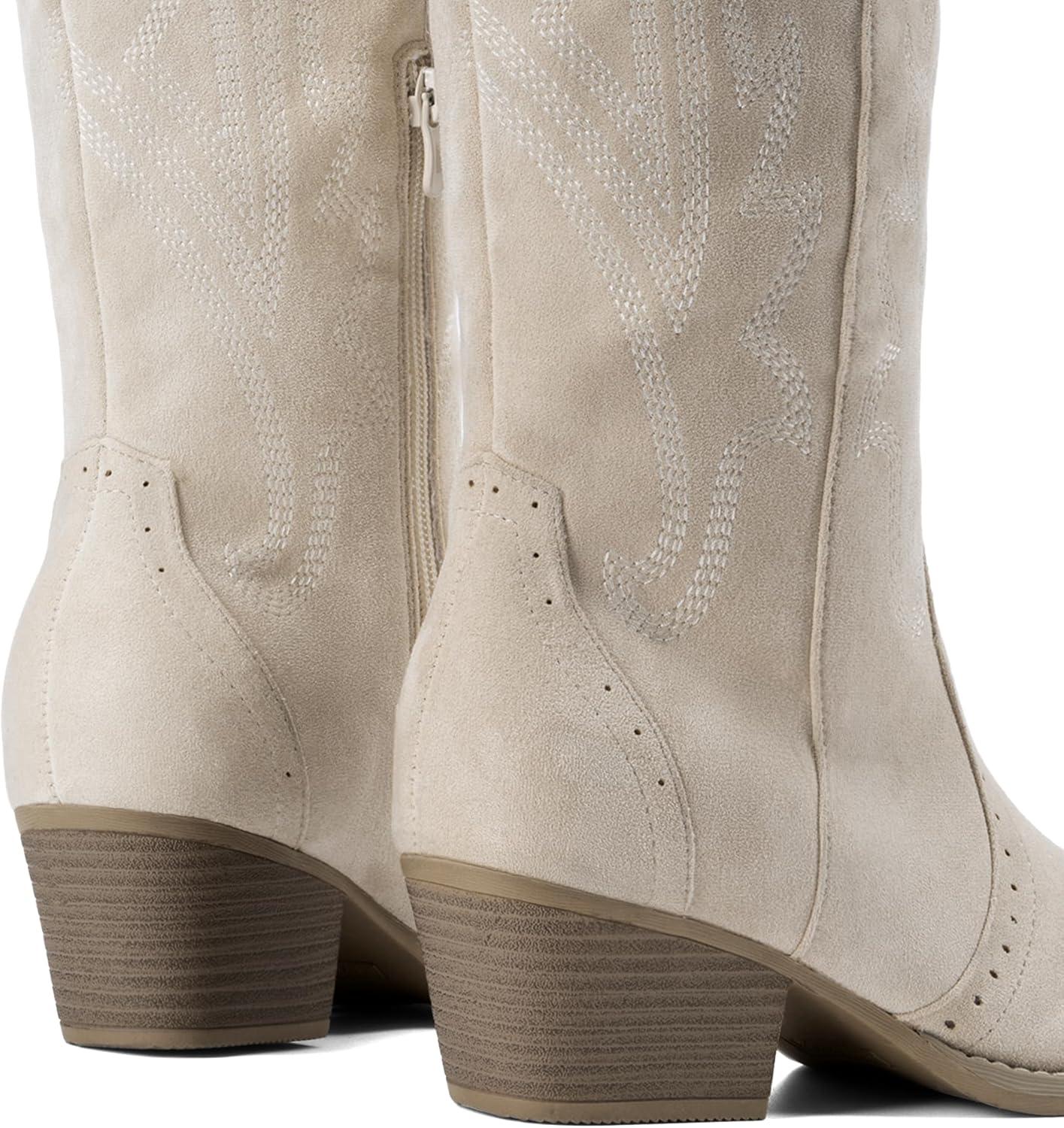 imageDREAM PAIRS Womens Cowboy Knee High Boots Comfortable Pull On Side Zipper Chunky Heel Embroidered Western Cowgirl Boots Retro Tall BootBeige