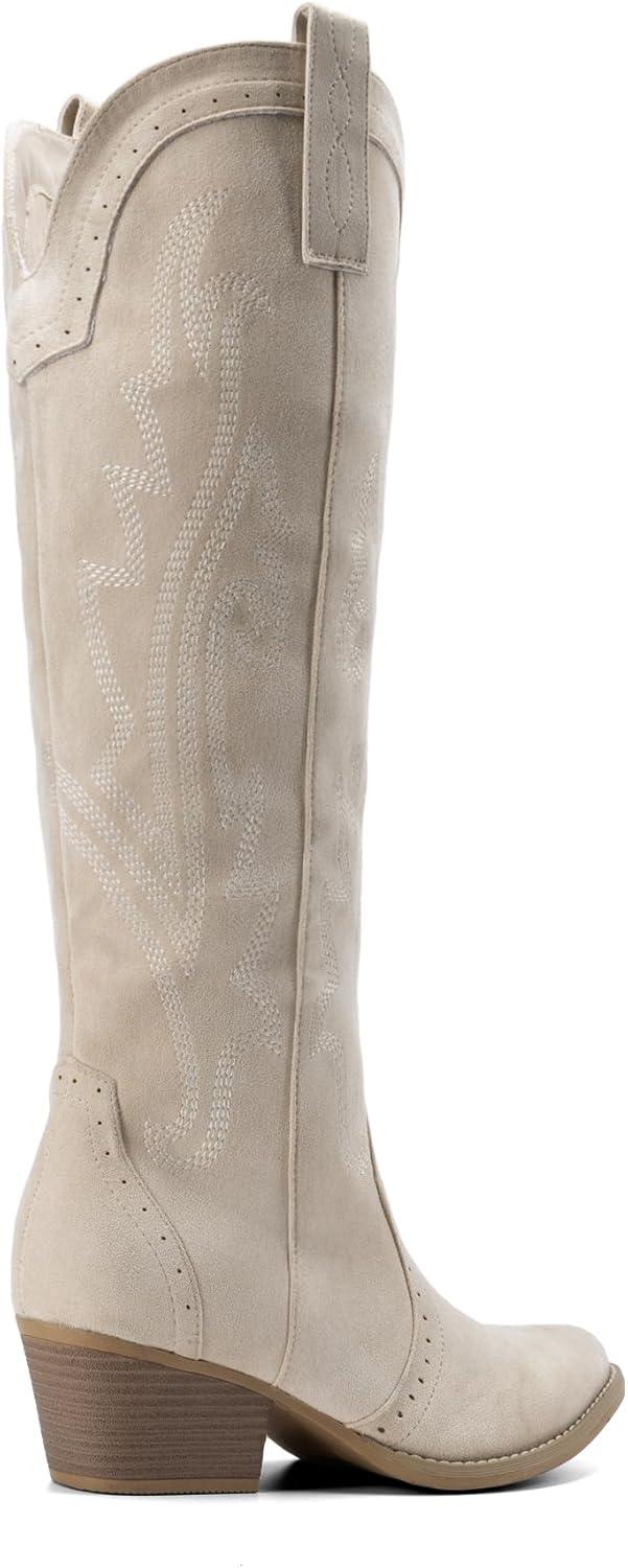 imageDREAM PAIRS Womens Cowboy Knee High Boots Comfortable Pull On Side Zipper Chunky Heel Embroidered Western Cowgirl Boots Retro Tall BootBeige