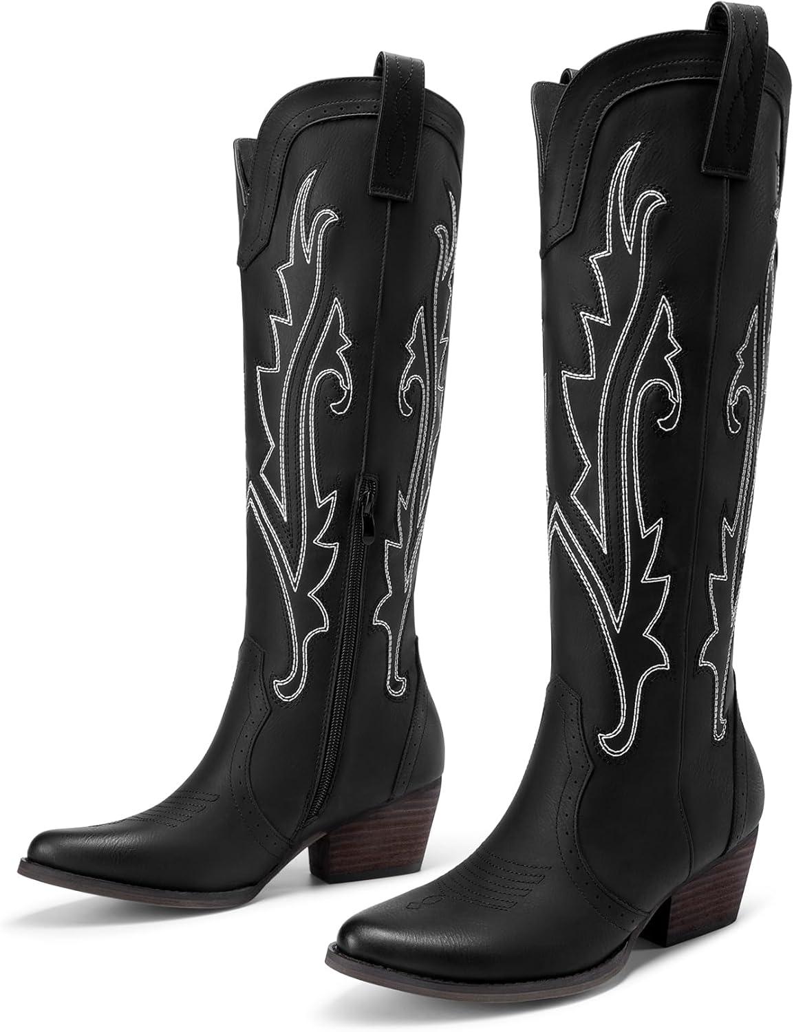 imageDREAM PAIRS Womens Cowboy Knee High Boots Comfortable Pull On Side Zipper Chunky Heel Embroidered Western Cowgirl Boots Retro Tall BootBlack