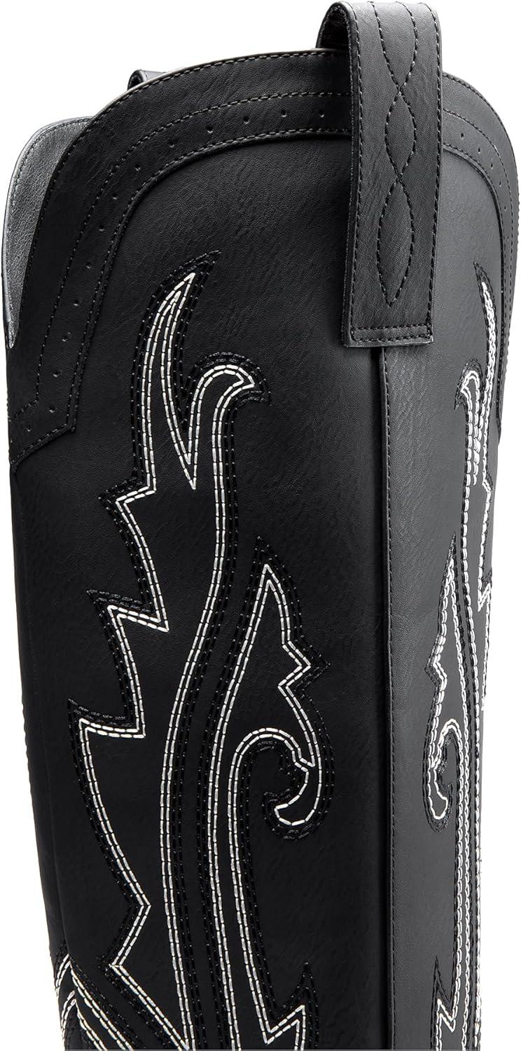 imageDREAM PAIRS Womens Cowboy Knee High Boots Comfortable Pull On Side Zipper Chunky Heel Embroidered Western Cowgirl Boots Retro Tall BootBlack