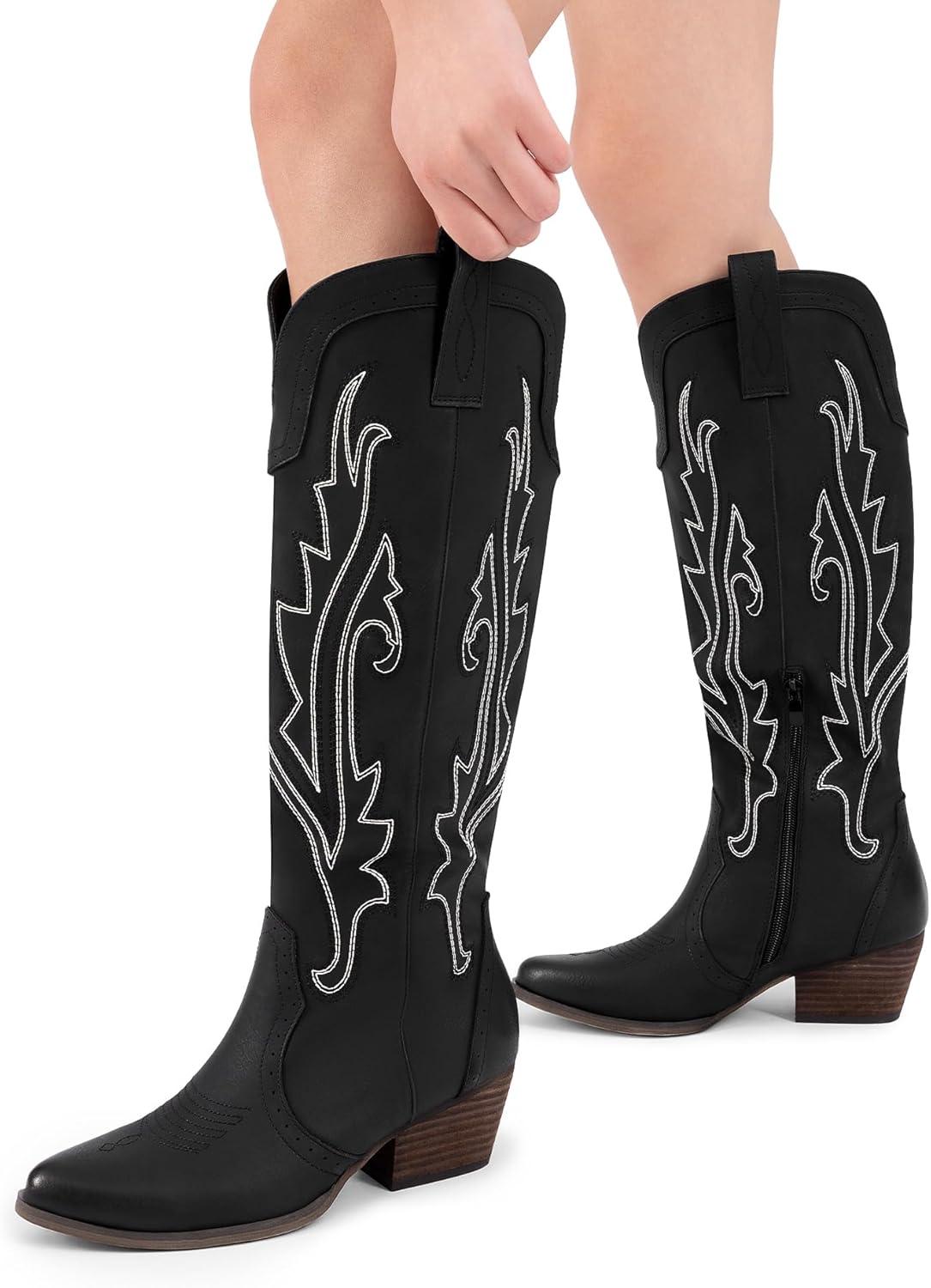 imageDREAM PAIRS Womens Cowboy Knee High Boots Comfortable Pull On Side Zipper Chunky Heel Embroidered Western Cowgirl Boots Retro Tall BootBlack