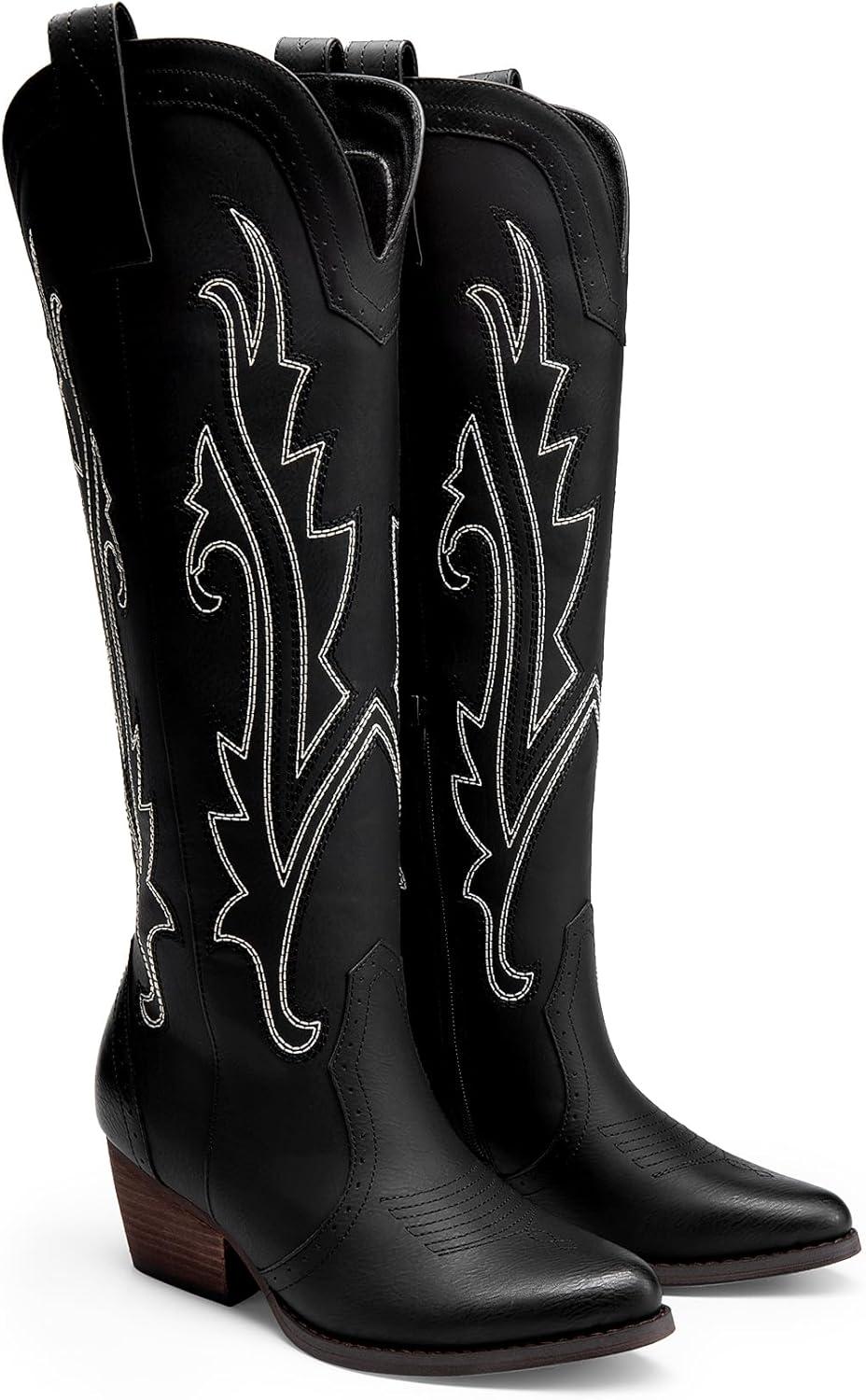 imageDREAM PAIRS Womens Cowboy Knee High Boots Comfortable Pull On Side Zipper Chunky Heel Embroidered Western Cowgirl Boots Retro Tall BootBlack