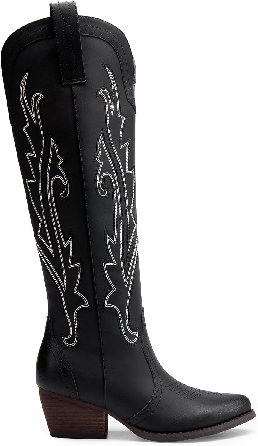 imageDREAM PAIRS Womens Cowboy Knee High Boots Comfortable Pull On Side Zipper Chunky Heel Embroidered Western Cowgirl Boots Retro Tall BootBlack