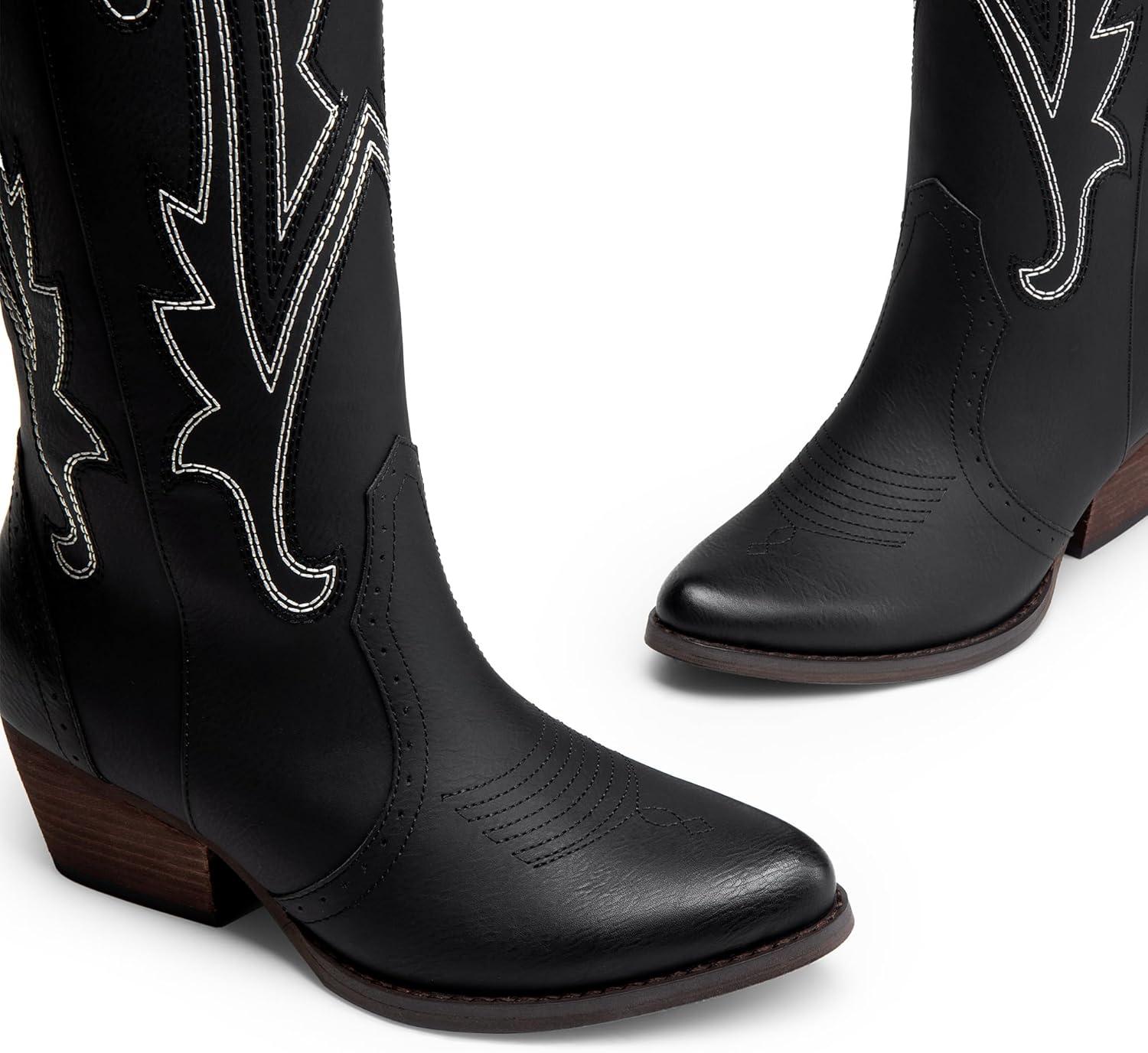 imageDREAM PAIRS Womens Cowboy Knee High Boots Comfortable Pull On Side Zipper Chunky Heel Embroidered Western Cowgirl Boots Retro Tall BootBlack