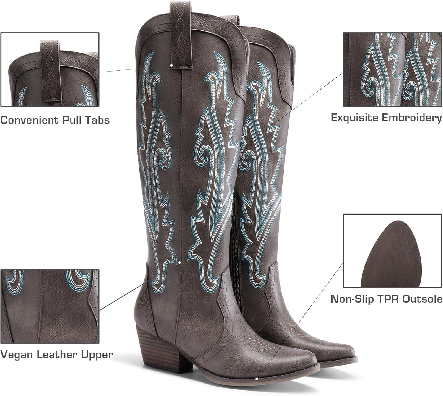 imageDREAM PAIRS Womens Cowboy Knee High Boots Comfortable Pull On Side Zipper Chunky Heel Embroidered Western Cowgirl Boots Retro Tall BootBrown