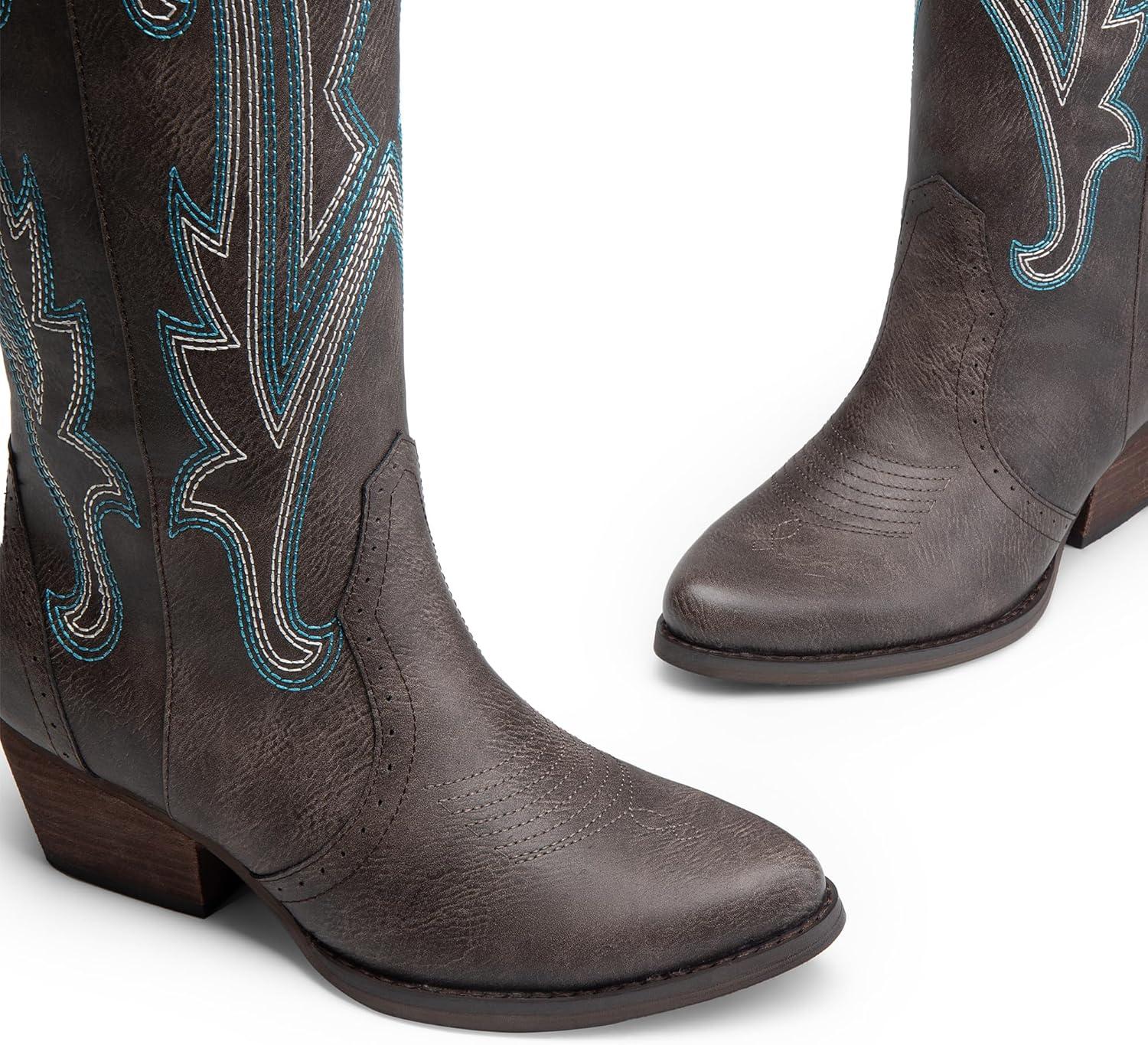 imageDREAM PAIRS Womens Cowboy Knee High Boots Comfortable Pull On Side Zipper Chunky Heel Embroidered Western Cowgirl Boots Retro Tall BootBrown