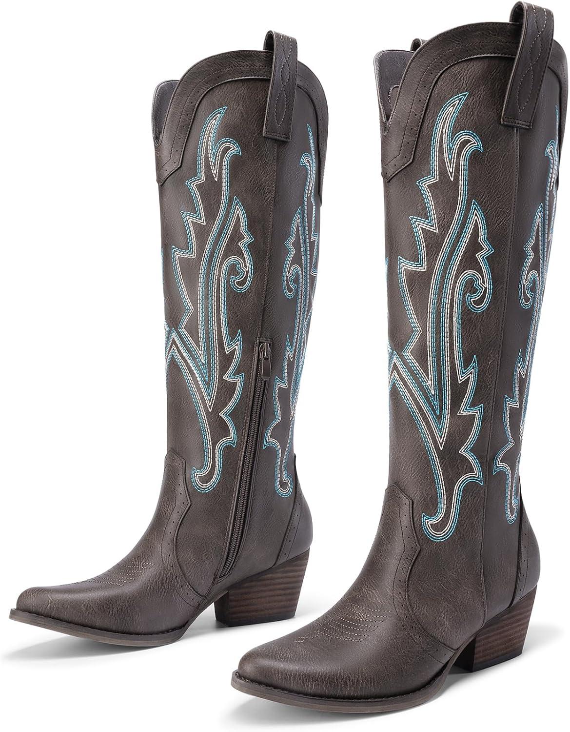 imageDREAM PAIRS Womens Cowboy Knee High Boots Comfortable Pull On Side Zipper Chunky Heel Embroidered Western Cowgirl Boots Retro Tall BootBrown