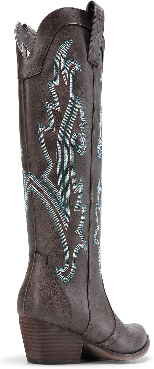 imageDREAM PAIRS Womens Cowboy Knee High Boots Comfortable Pull On Side Zipper Chunky Heel Embroidered Western Cowgirl Boots Retro Tall BootBrown
