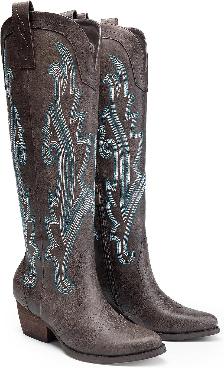 imageDREAM PAIRS Womens Cowboy Knee High Boots Comfortable Pull On Side Zipper Chunky Heel Embroidered Western Cowgirl Boots Retro Tall BootBrown