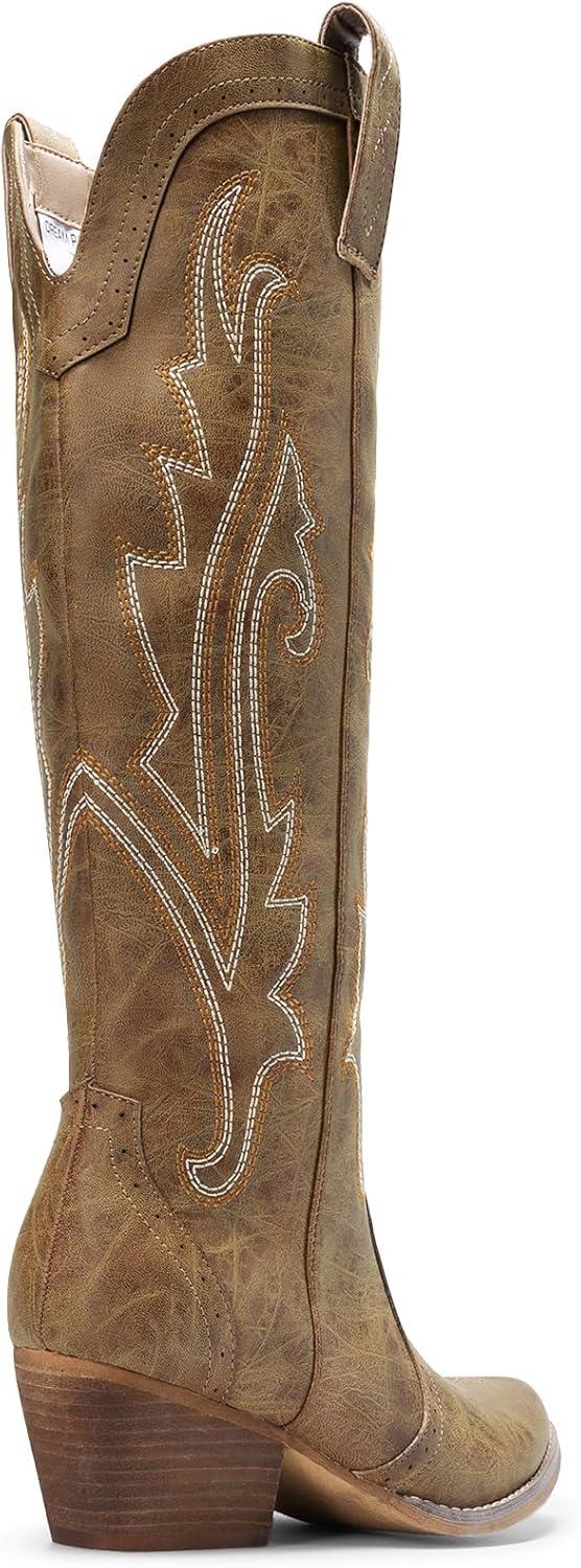 imageDREAM PAIRS Womens Cowboy Knee High Boots Comfortable Pull On Side Zipper Chunky Heel Embroidered Western Cowgirl Boots Retro Tall BootTan