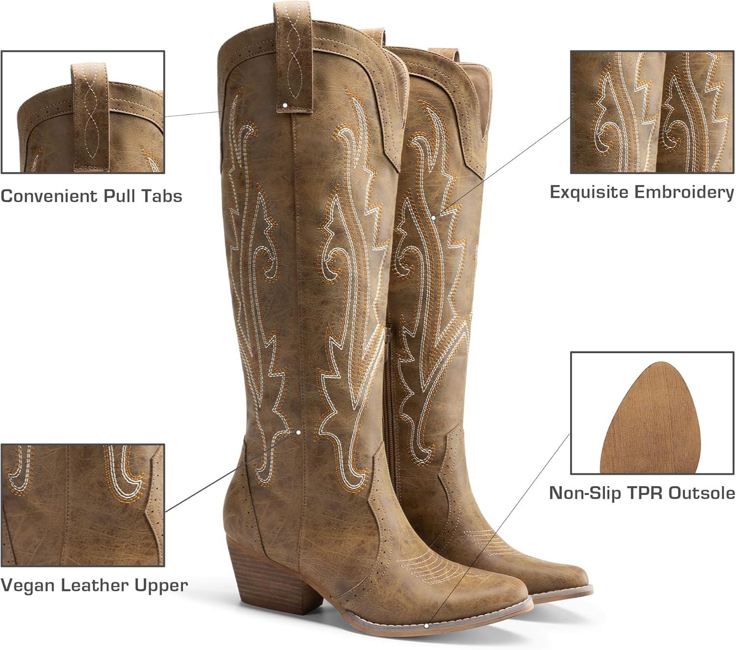 imageDREAM PAIRS Womens Cowboy Knee High Boots Comfortable Pull On Side Zipper Chunky Heel Embroidered Western Cowgirl Boots Retro Tall BootTan