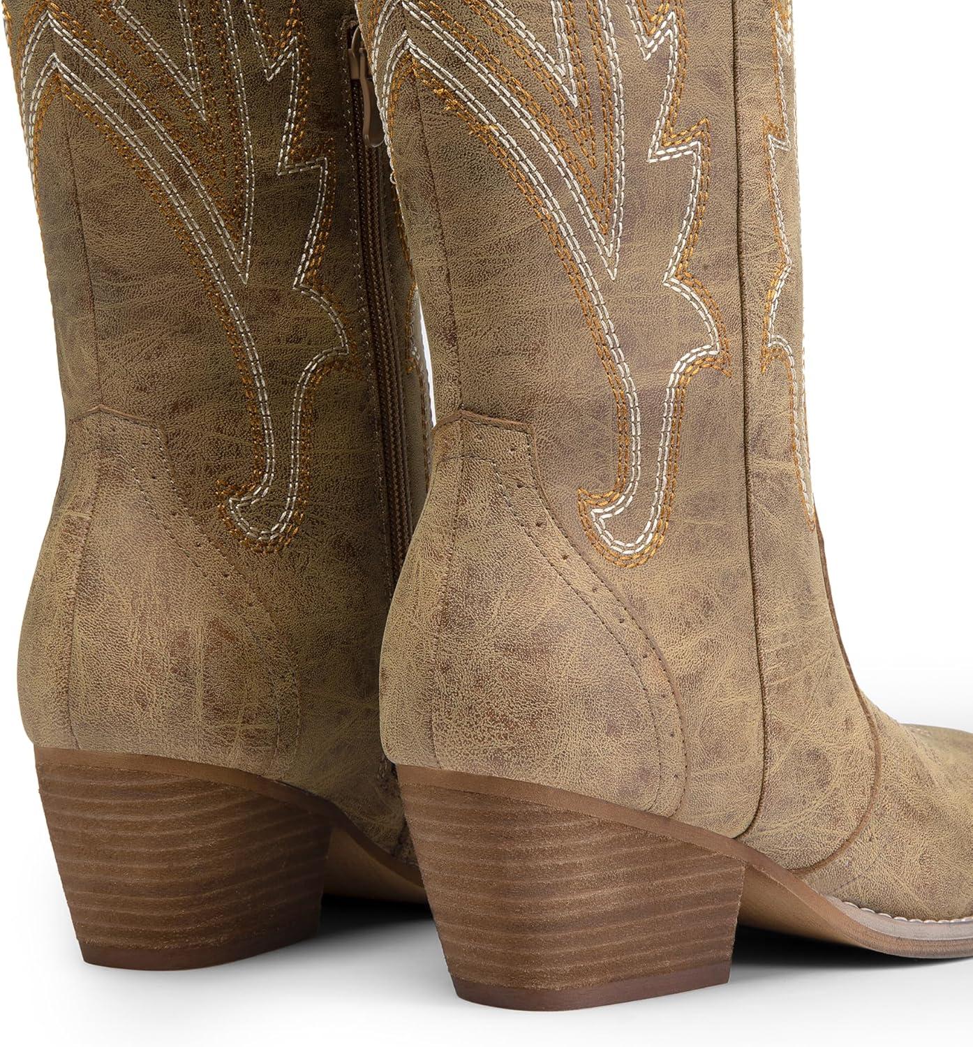 imageDREAM PAIRS Womens Cowboy Knee High Boots Comfortable Pull On Side Zipper Chunky Heel Embroidered Western Cowgirl Boots Retro Tall BootTan