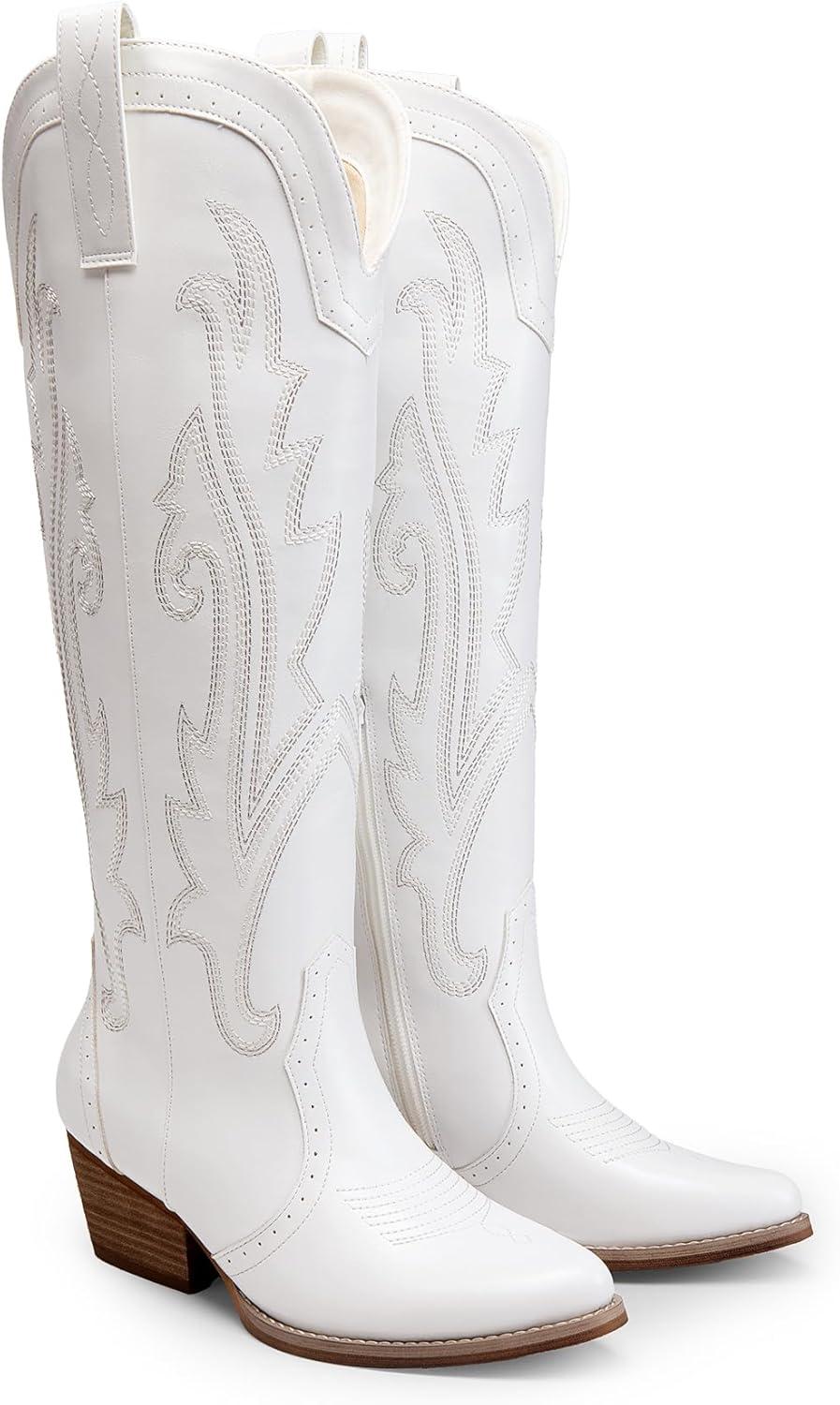 imageDREAM PAIRS Womens Cowboy Knee High Boots Comfortable Pull On Side Zipper Chunky Heel Embroidered Western Cowgirl Boots Retro Tall BootWhite