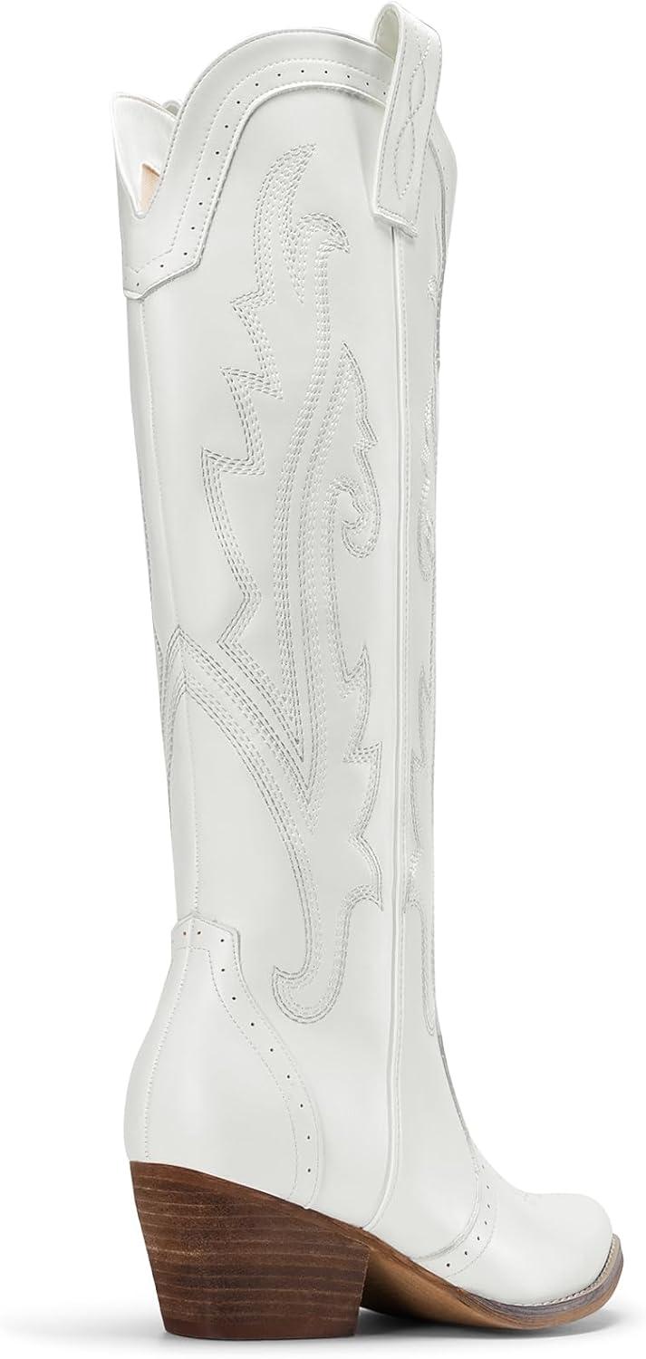 imageDREAM PAIRS Womens Cowboy Knee High Boots Comfortable Pull On Side Zipper Chunky Heel Embroidered Western Cowgirl Boots Retro Tall BootWhite
