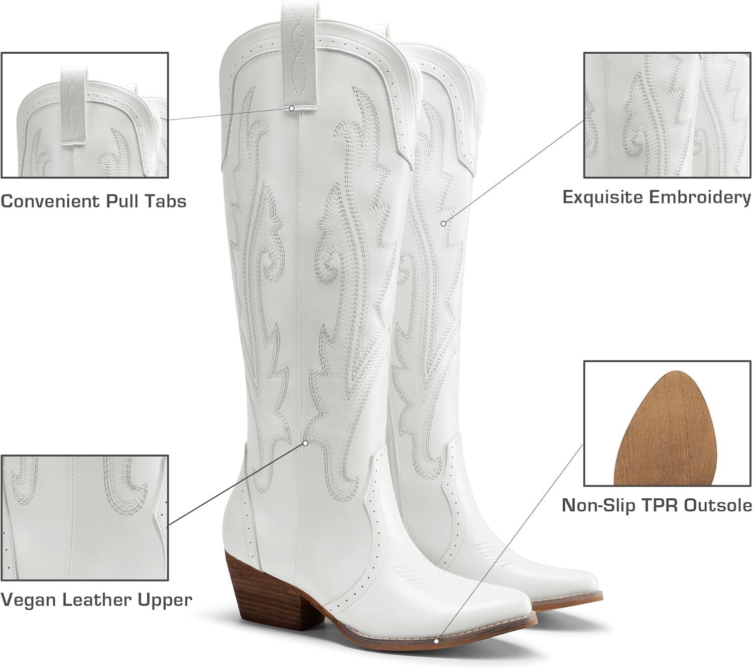 imageDREAM PAIRS Womens Cowboy Knee High Boots Comfortable Pull On Side Zipper Chunky Heel Embroidered Western Cowgirl Boots Retro Tall BootWhite