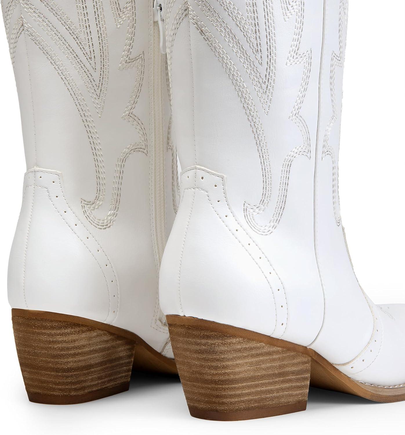 imageDREAM PAIRS Womens Cowboy Knee High Boots Comfortable Pull On Side Zipper Chunky Heel Embroidered Western Cowgirl Boots Retro Tall BootWhite
