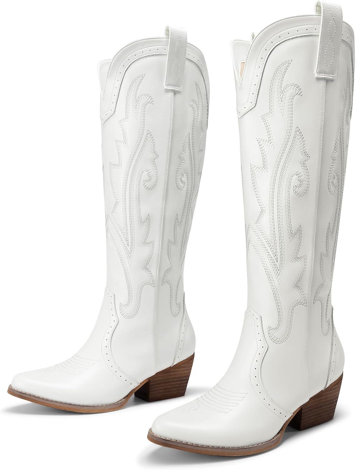 imageDREAM PAIRS Womens Cowboy Knee High Boots Comfortable Pull On Side Zipper Chunky Heel Embroidered Western Cowgirl Boots Retro Tall BootWhite