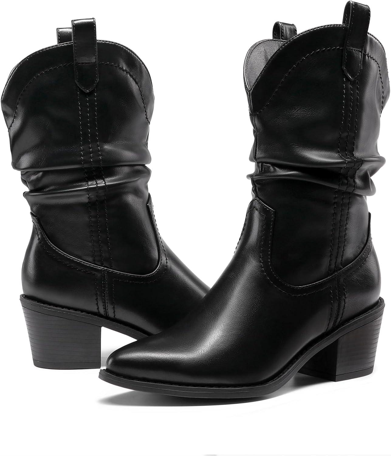 imageDREAM PAIRS Womens Cowgirl Boots Mid Calf Western Cowboy Chunky Heel Boots Slouchy ampamp Pullon Ankle Booties for womenBlack