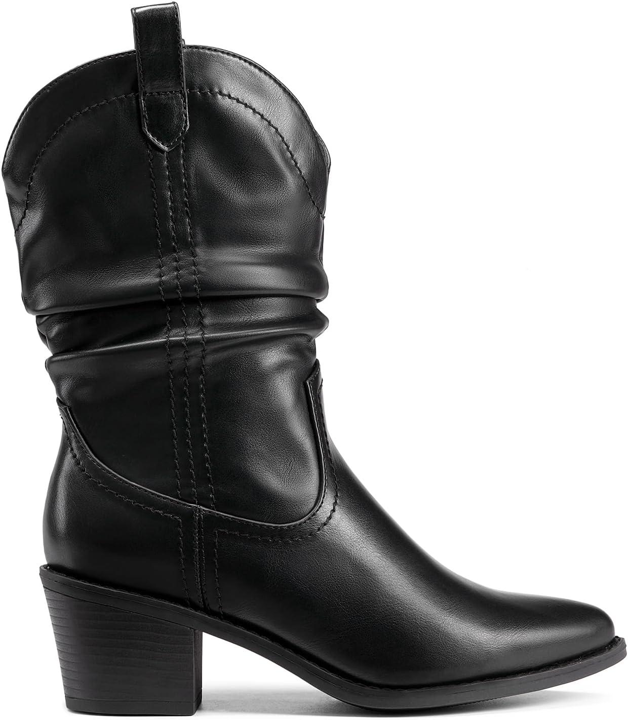 imageDREAM PAIRS Womens Cowgirl Boots Mid Calf Western Cowboy Chunky Heel Boots Slouchy ampamp Pullon Ankle Booties for womenBlack