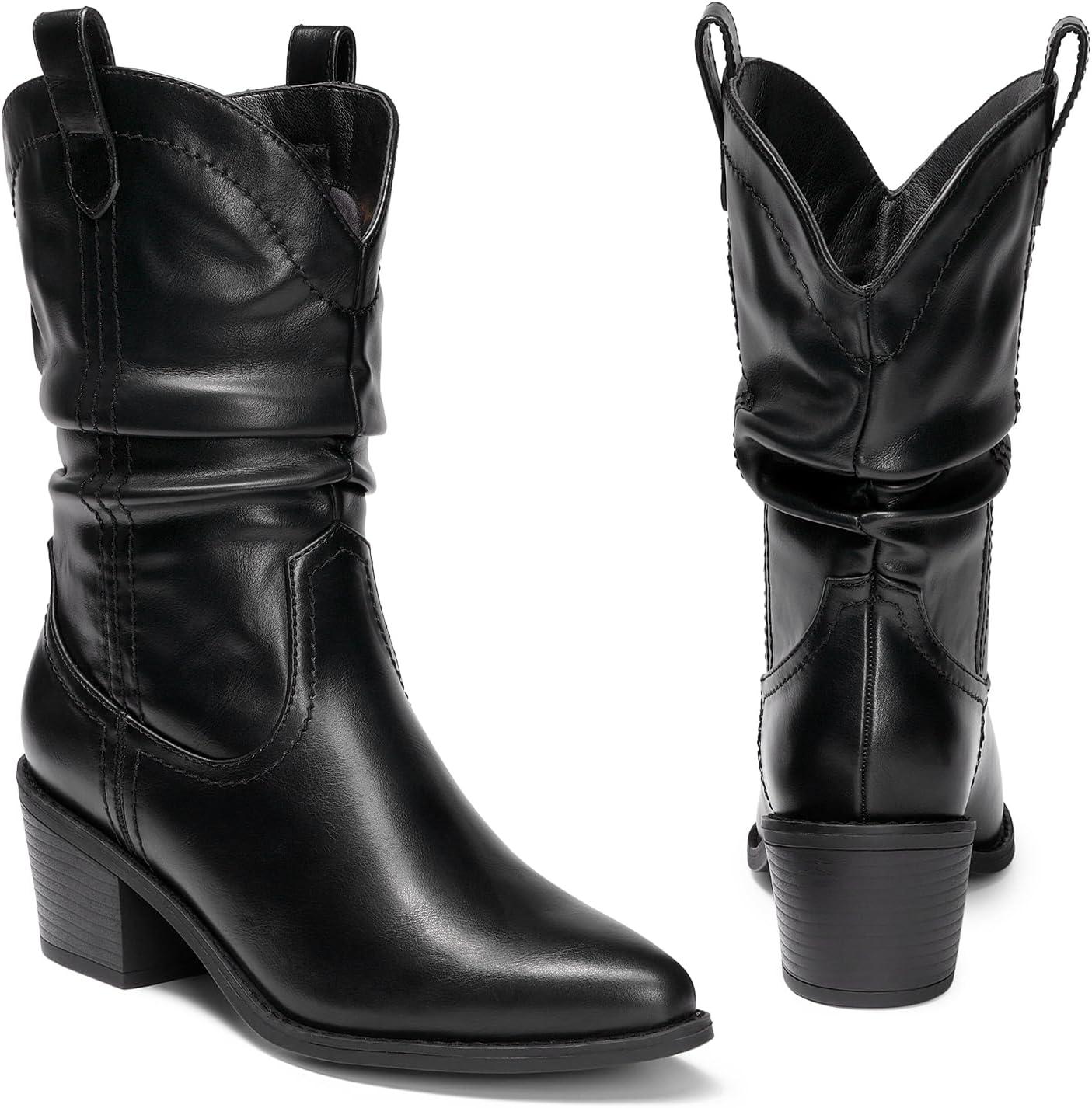 imageDREAM PAIRS Womens Cowgirl Boots Mid Calf Western Cowboy Chunky Heel Boots Slouchy ampamp Pullon Ankle Booties for womenBlack