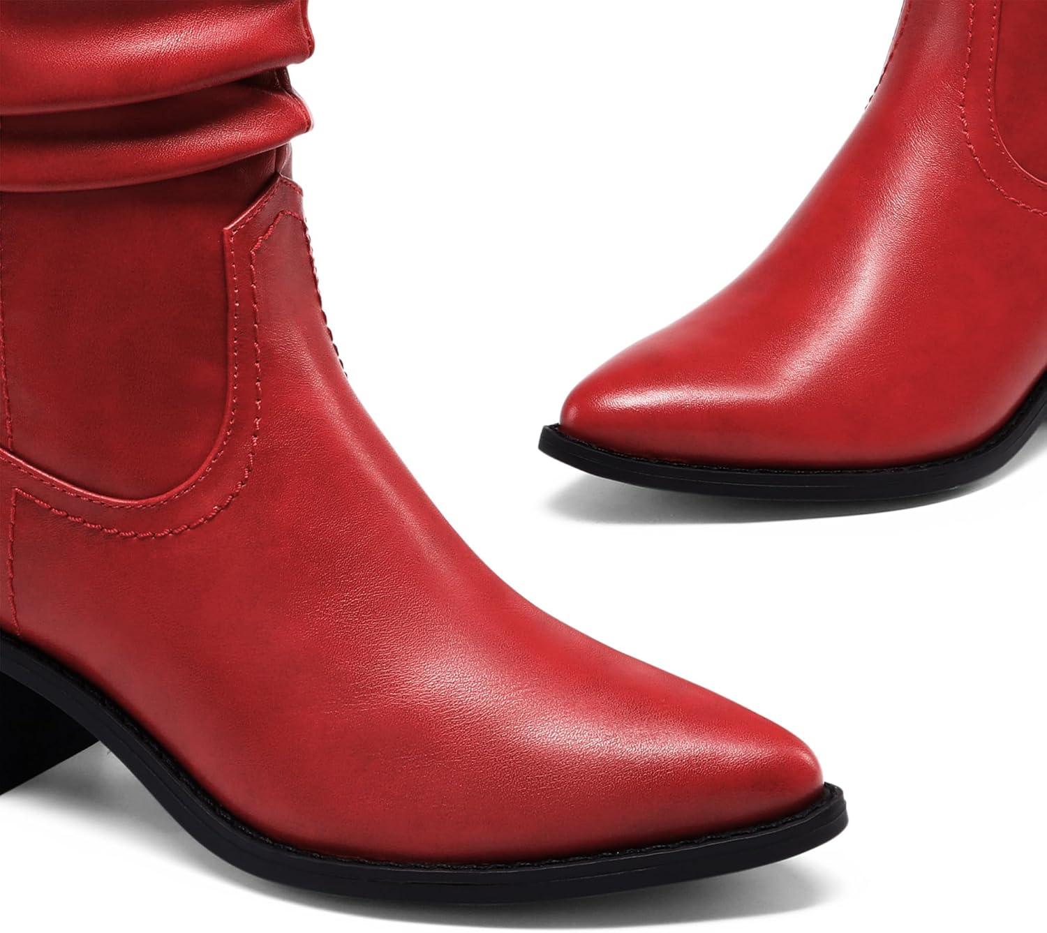 imageDREAM PAIRS Womens Cowgirl Boots Mid Calf Western Cowboy Chunky Heel Boots Slouchy ampamp Pullon Ankle Booties for womenRed