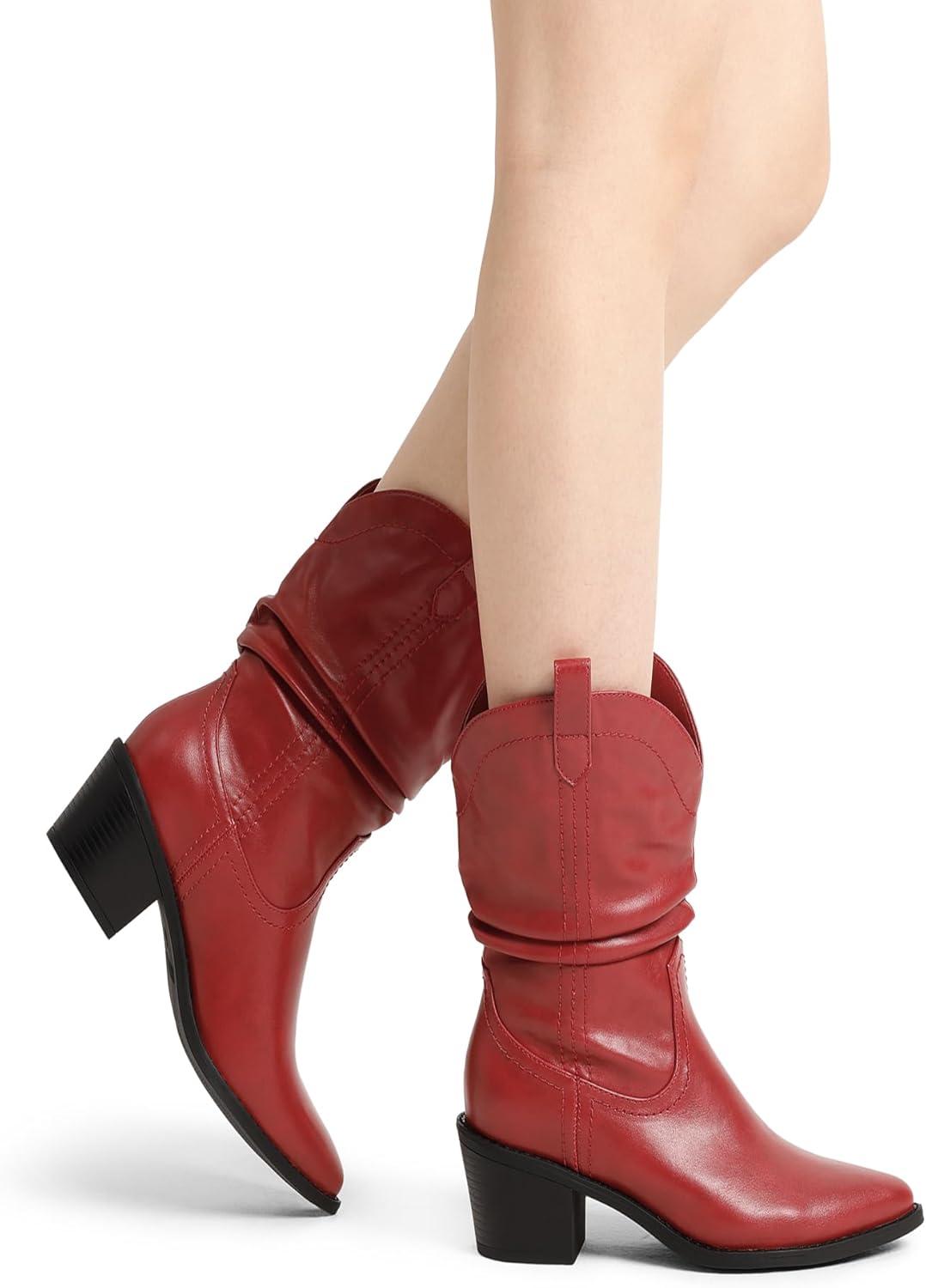 imageDREAM PAIRS Womens Cowgirl Boots Mid Calf Western Cowboy Chunky Heel Boots Slouchy ampamp Pullon Ankle Booties for womenRed
