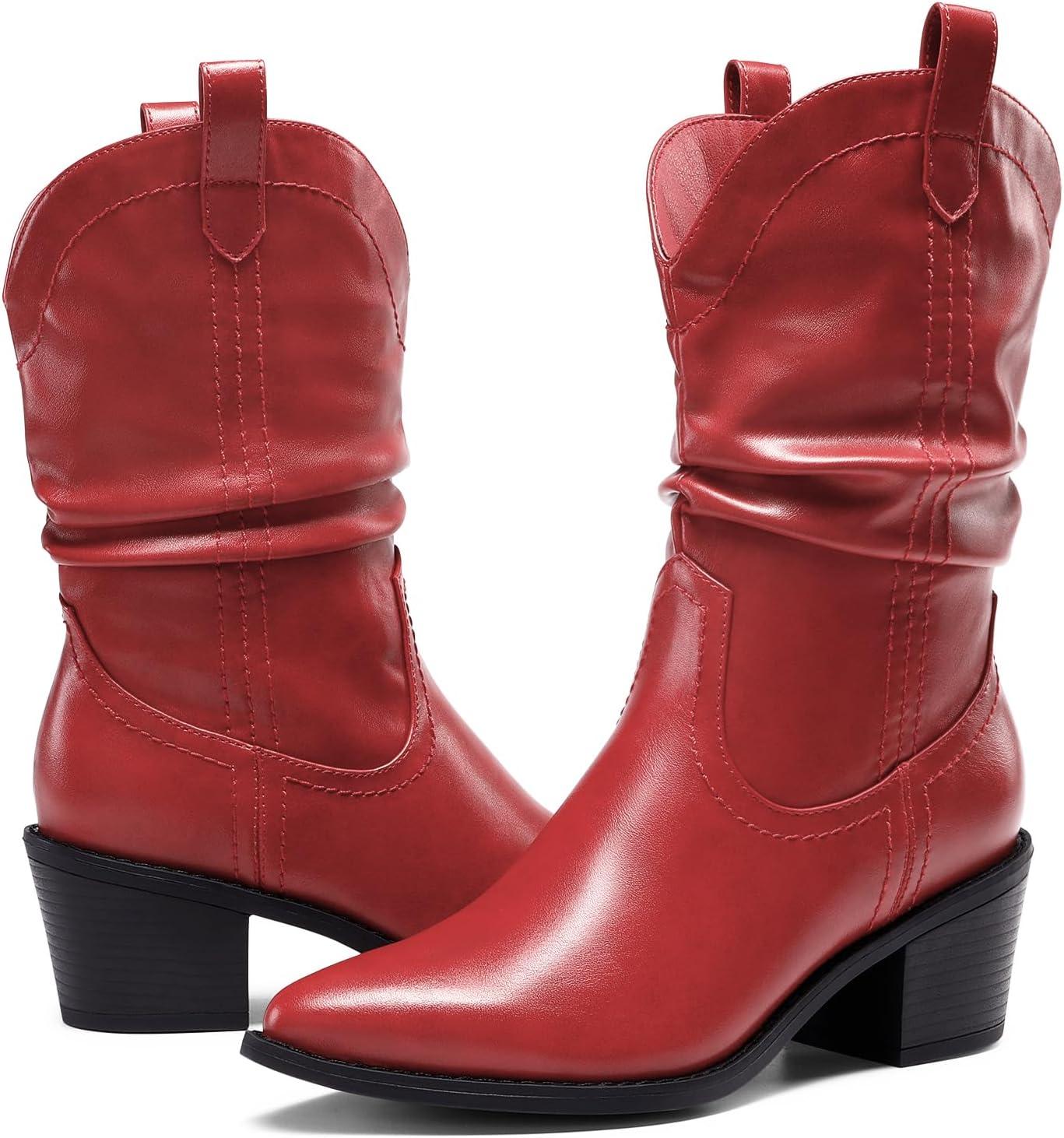imageDREAM PAIRS Womens Cowgirl Boots Mid Calf Western Cowboy Chunky Heel Boots Slouchy ampamp Pullon Ankle Booties for womenRed