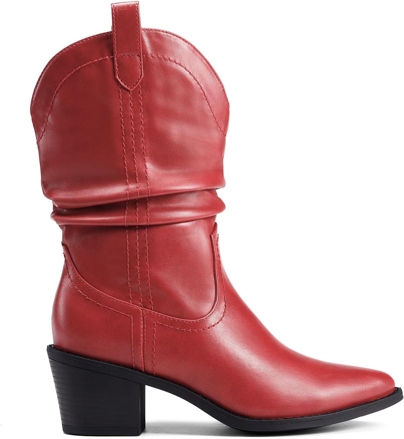 imageDREAM PAIRS Womens Cowgirl Boots Mid Calf Western Cowboy Chunky Heel Boots Slouchy ampamp Pullon Ankle Booties for womenRed
