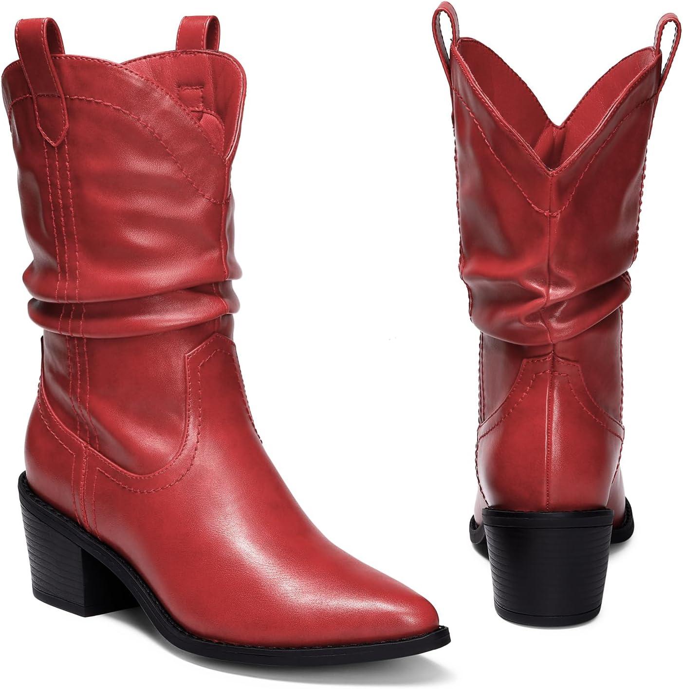 imageDREAM PAIRS Womens Cowgirl Boots Mid Calf Western Cowboy Chunky Heel Boots Slouchy ampamp Pullon Ankle Booties for womenRed