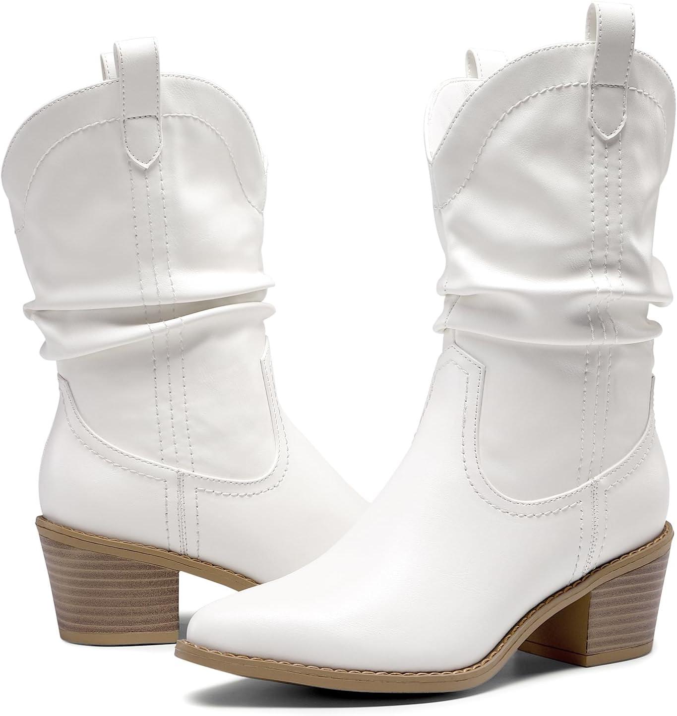 imageDREAM PAIRS Womens Cowgirl Boots Mid Calf Western Cowboy Chunky Heel Boots Slouchy ampamp Pullon Ankle Booties for womenWhite