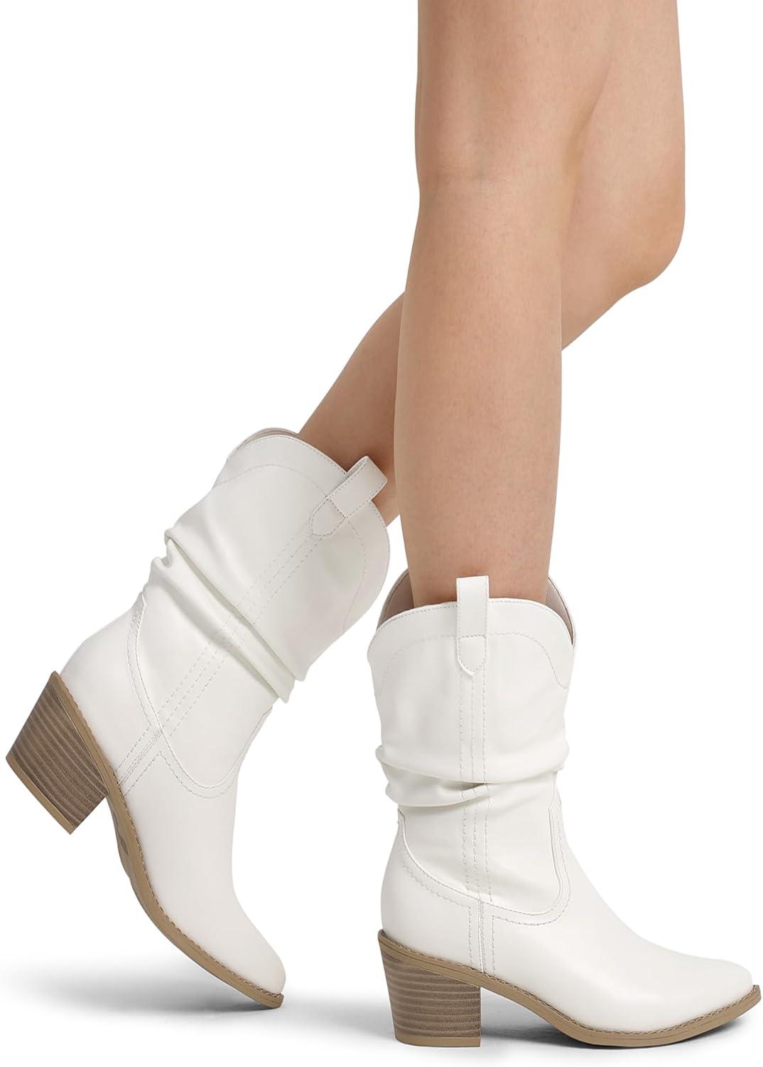 imageDREAM PAIRS Womens Cowgirl Boots Mid Calf Western Cowboy Chunky Heel Boots Slouchy ampamp Pullon Ankle Booties for womenWhite