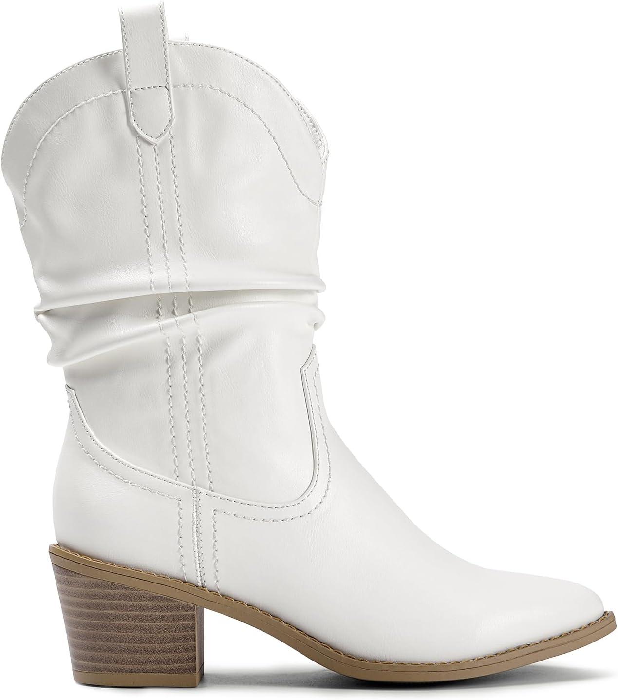 imageDREAM PAIRS Womens Cowgirl Boots Mid Calf Western Cowboy Chunky Heel Boots Slouchy ampamp Pullon Ankle Booties for womenWhite