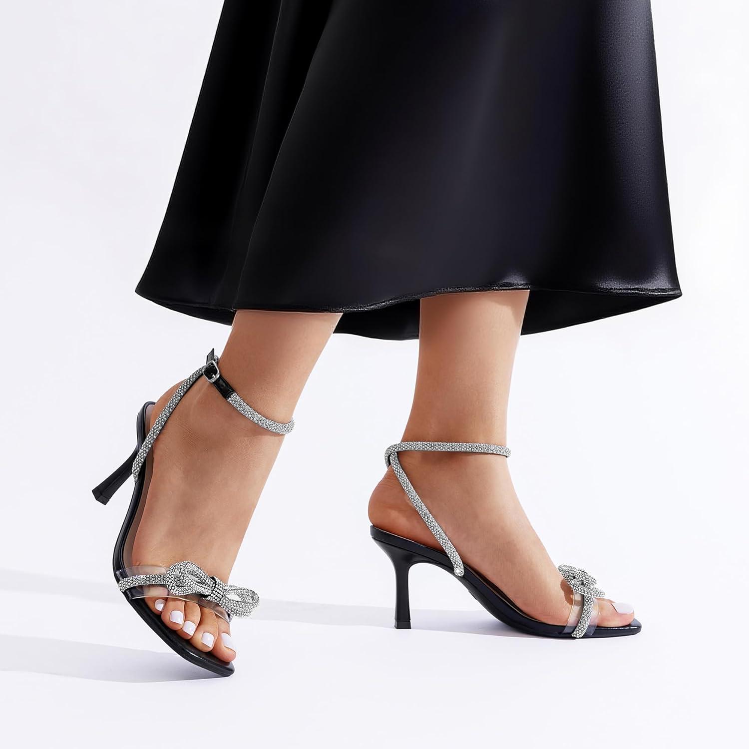 imageDREAM PAIRS Womens Double Bowknots Heels Open Square Toe Ankle Strap Crystal Rhinestone Dress Sandals for Party WeddingBlackpu