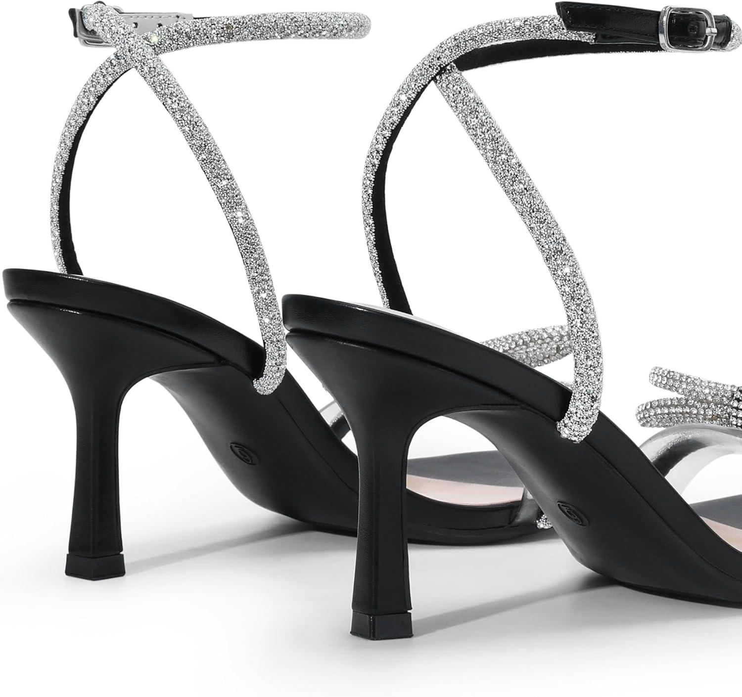 imageDREAM PAIRS Womens Double Bowknots Heels Open Square Toe Ankle Strap Crystal Rhinestone Dress Sandals for Party WeddingBlackpu