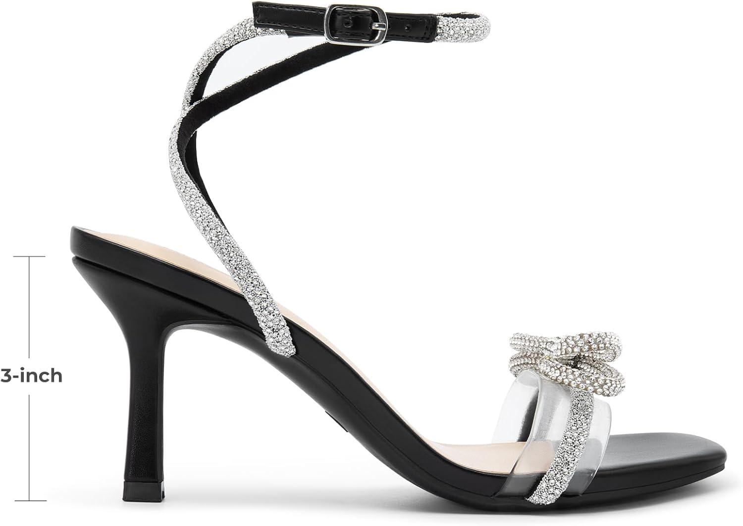 imageDREAM PAIRS Womens Double Bowknots Heels Open Square Toe Ankle Strap Crystal Rhinestone Dress Sandals for Party WeddingBlackpu