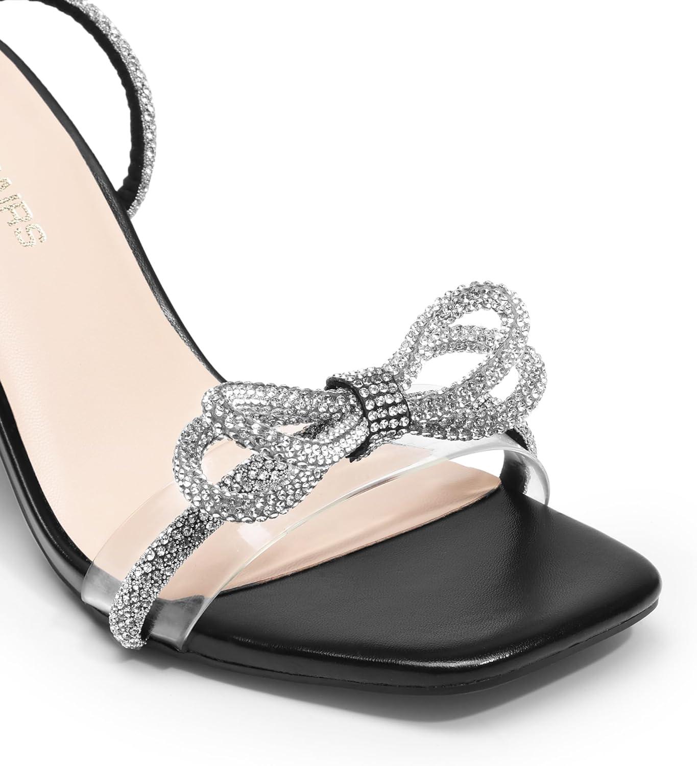 imageDREAM PAIRS Womens Double Bowknots Heels Open Square Toe Ankle Strap Crystal Rhinestone Dress Sandals for Party WeddingBlackpu