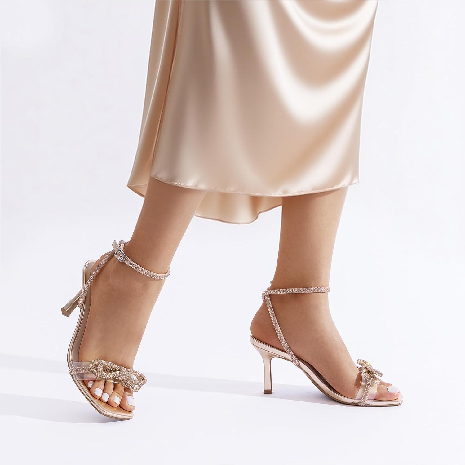 imageDREAM PAIRS Womens Double Bowknots Heels Open Square Toe Ankle Strap Crystal Rhinestone Dress Sandals for Party WeddingChampagnepu