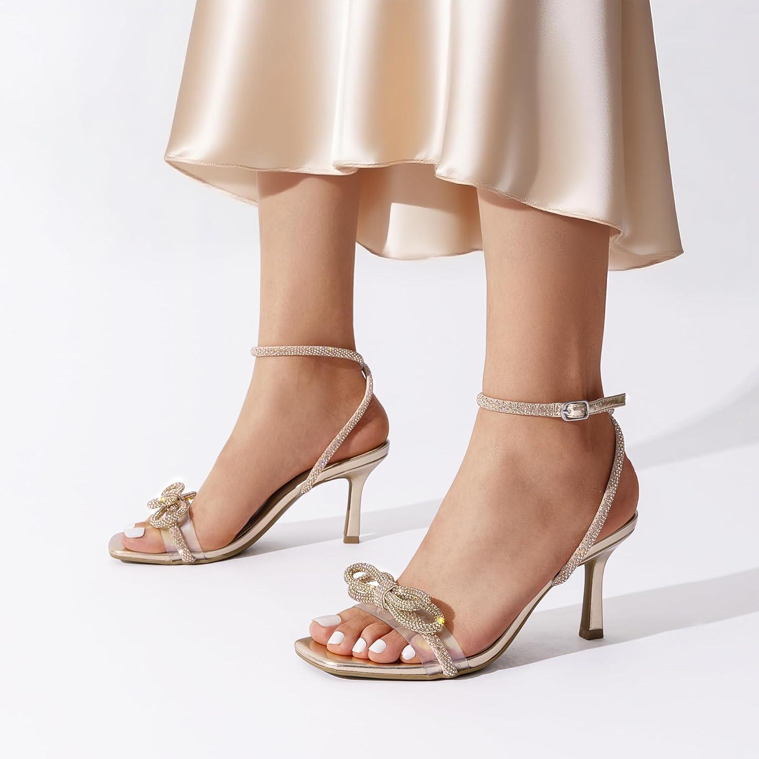imageDREAM PAIRS Womens Double Bowknots Heels Open Square Toe Ankle Strap Crystal Rhinestone Dress Sandals for Party WeddingChampagnepu