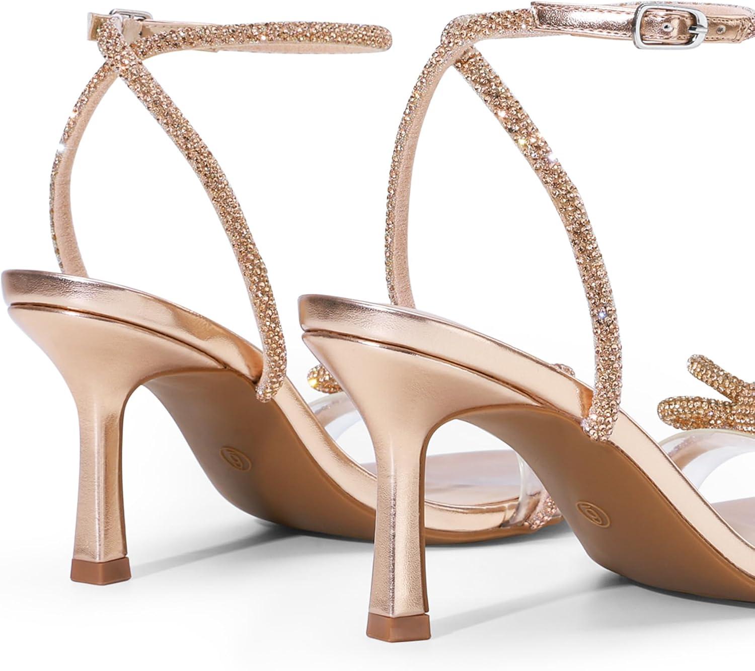 imageDREAM PAIRS Womens Double Bowknots Heels Open Square Toe Ankle Strap Crystal Rhinestone Dress Sandals for Party WeddingChampagnepu
