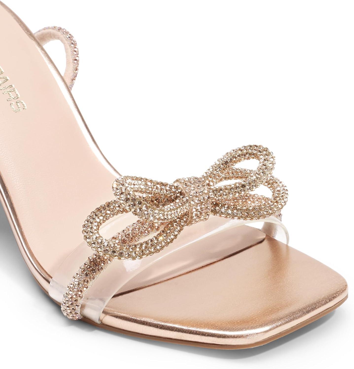 imageDREAM PAIRS Womens Double Bowknots Heels Open Square Toe Ankle Strap Crystal Rhinestone Dress Sandals for Party WeddingChampagnepu