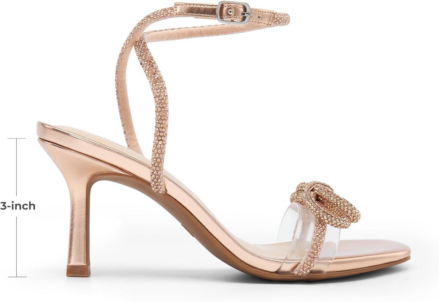 imageDREAM PAIRS Womens Double Bowknots Heels Open Square Toe Ankle Strap Crystal Rhinestone Dress Sandals for Party WeddingChampagnepu