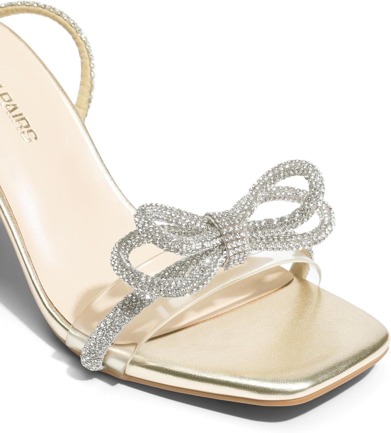 imageDREAM PAIRS Womens Double Bowknots Heels Open Square Toe Ankle Strap Crystal Rhinestone Dress Sandals for Party WeddingLight Gold